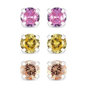 Set of 3 Pink, Yellow & Champagne Color Faux Diamond Stud Earrings in SS